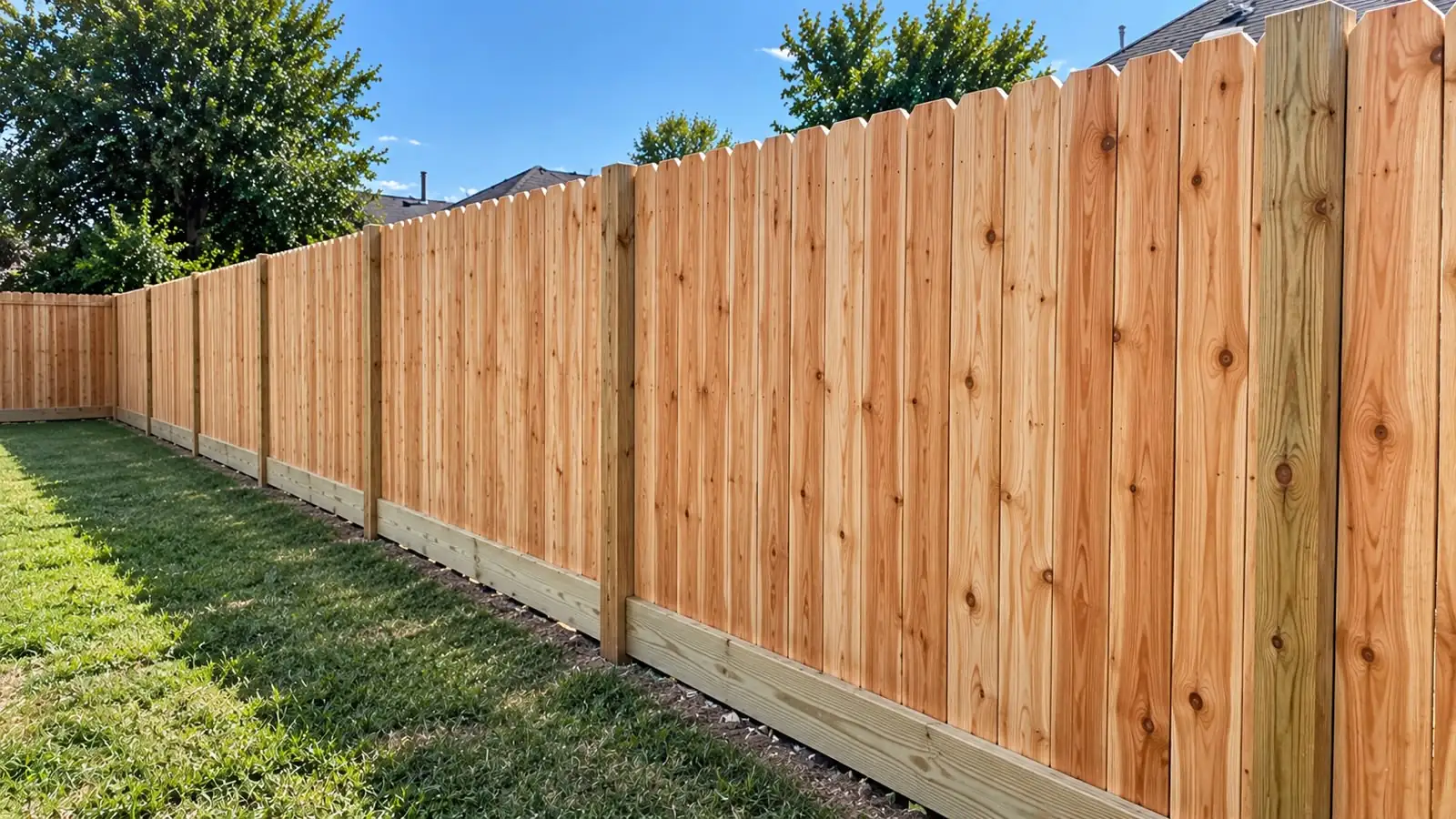 Cedar privacy fence with rot board and capped posts along a Houston-area backyard