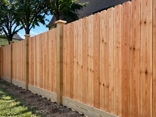 Cedar privacy fence run along a residential tree line