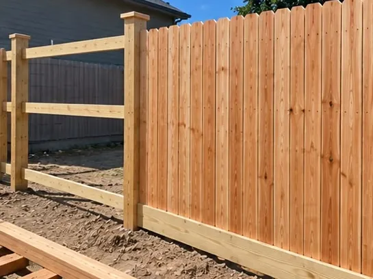 Framed rails and posts beside a finished cedar run