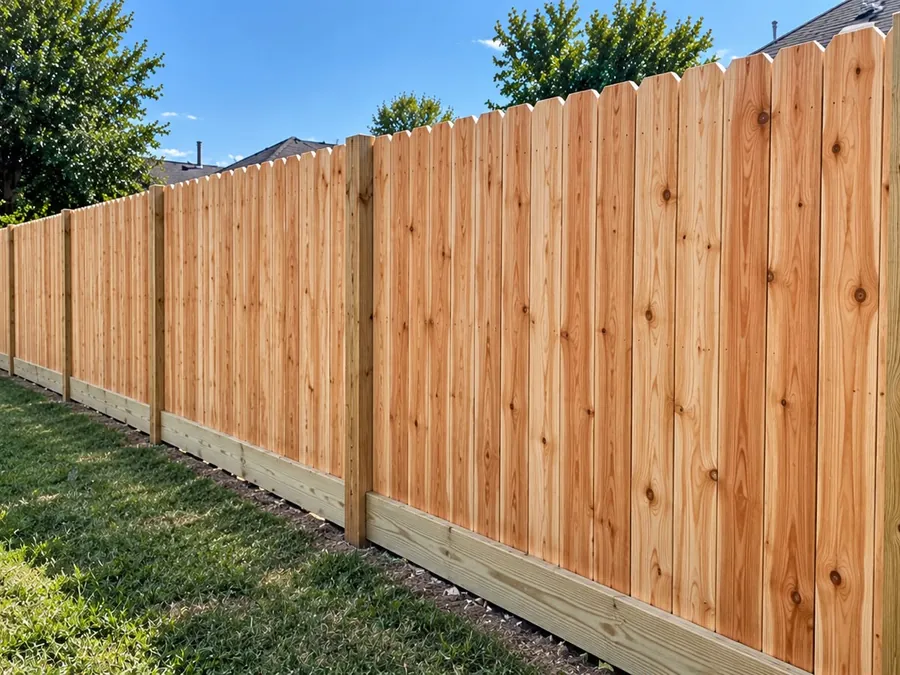Dog-ear cedar privacy fence with rot board on a level run